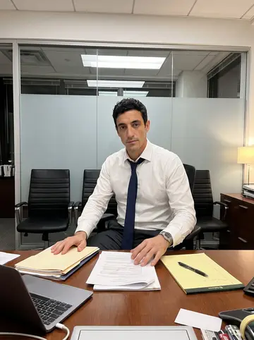 Takis, AI character: a quiet law office conference room in Midtown after hours, folders and a laptop on the long table