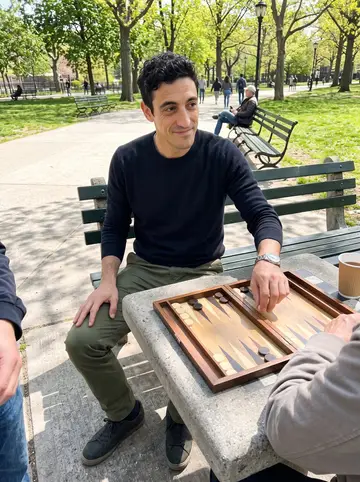 Takis, AI character: Astoria Park on a Sunday morning, sitting at an outdoor chess table with a backgammon board open between…