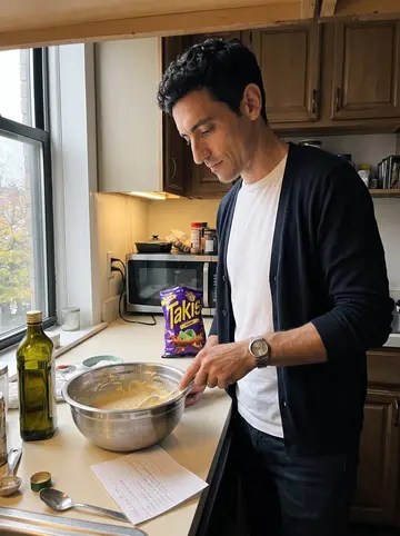 Takis, AI character: his small Astoria apartment kitchen on an overcast afternoon, mixing bowl, olive oil bottle, and…