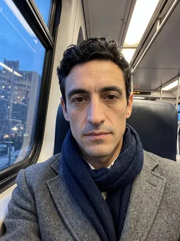 Takis, AI character: inside an elevated train heading back toward Queens, blue evening light and apartment windows passing outside