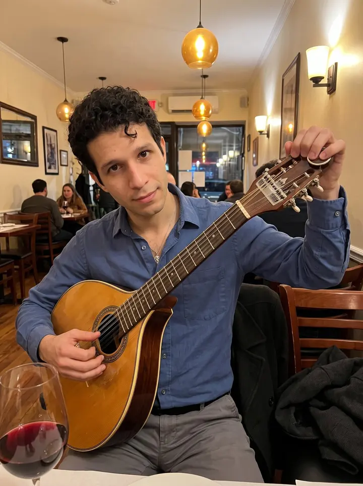 Luís, AI character: a tiny Portuguese restaurant in Newark's Ironbound, standing near the back corner with a secondhand…