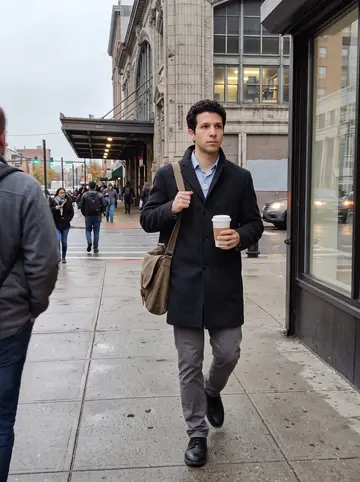 Luís, AI character: sidewalk outside Newark Penn Station on a grey weekday morning, walking toward the Ironbound with office…