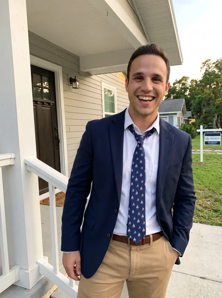 Georgios, AI character: outside a bright Tampa bungalow after an open house, leaning on the porch rail with the FOR SALE sign far…