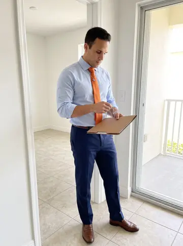 Georgios, AI character: inside an empty Tampa condo during a weekday showing, standing in the doorway between the living room and…