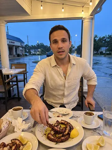 Georgios, AI character: covered patio at his uncle's Greek seafood place in Tarpon Springs after rain, plates of grilled octopus…