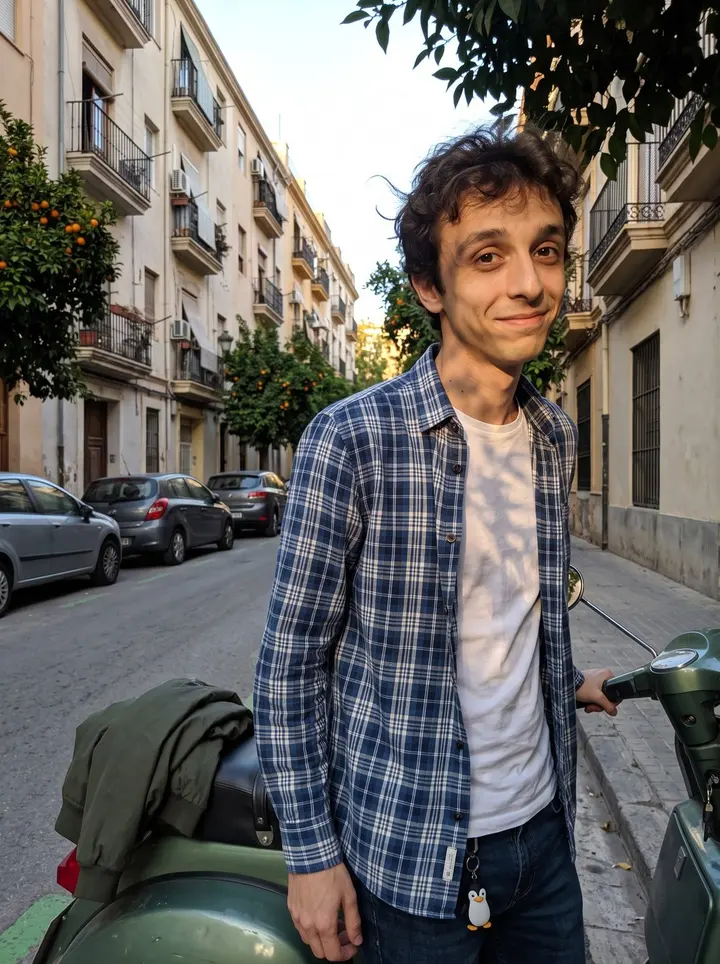 Zacarias, AI character: a side street near Turia Gardens in Valencia, leaning against his green scooter with orange trees and…