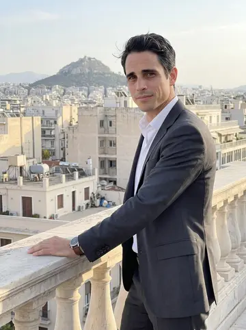 Ioannis, AI character: a rooftop terrace above central Athens after a hotel board meeting, pale stone buildings and Lycabettus…