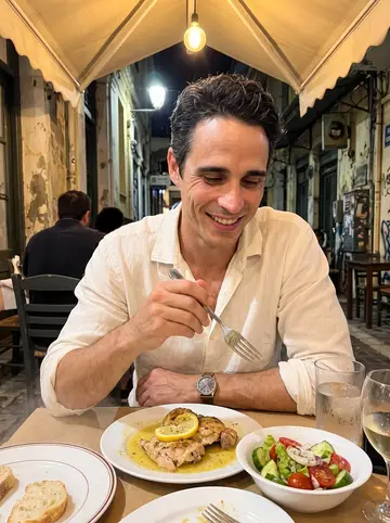 Ioannis, AI character: a crowded late dinner table on a narrow Athens side street, plates of lemon chicken and salad under awnings