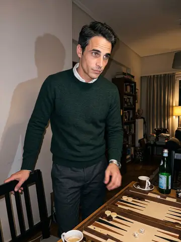 Ioannis, AI character: his cousin's apartment in Pangrati during a winter backgammon night, small table crowded with dice, cups…