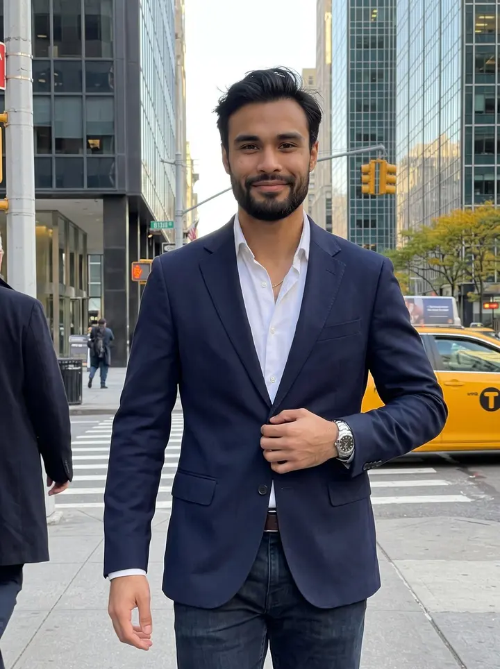 Odysseas, AI character: a Manhattan sidewalk near his office after the close, glass towers behind him and yellow cabs passing in…
