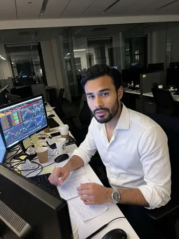 Odysseas, AI character: his trading desk in a Manhattan office after hours, monitors with charts blurred enough to be unreadable