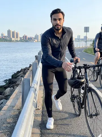 Odysseas, AI character: the Hudson River greenway at sunrise beside a bike lane rail, river and New Jersey skyline in the distance