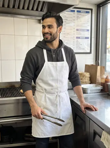 Odysseas, AI character: his parents' souvlaki shop in Astoria on a bright Sunday afternoon, stainless counter and grill behind him