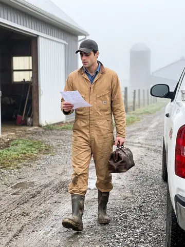 Nasos, AI character: a misty dairy farm lane beside his veterinary truck before the first appointment of the day