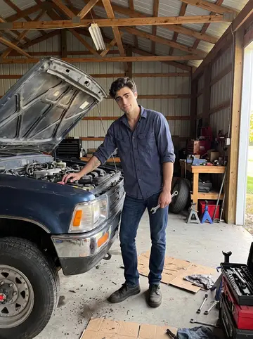 Nasos, AI character: inside the pole barn where he restores his 1989 Toyota pickup, tools on a workbench and a concrete floor…