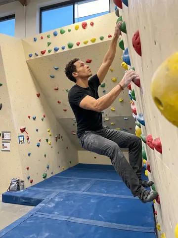 Ezra, AI character: a bouldering gym in Fishtown at 6am, colorful holds on a tall wall, crash mats below