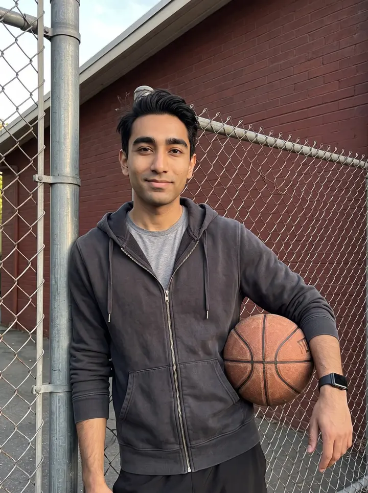 Joshua, AI character: outside the Temescal church gym after Thursday-night pickup basketball, by a chain-link fence and a plain…