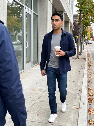 Joshua, AI character: sidewalk outside a small clinic-tech office near downtown Oakland during a lunch break