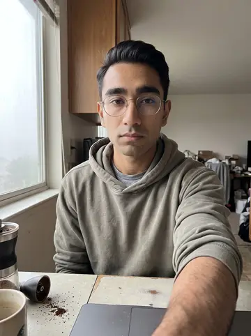 Joshua, AI character: small kitchen table by a foggy Daly City window, hand grinder and mug beside his laptop