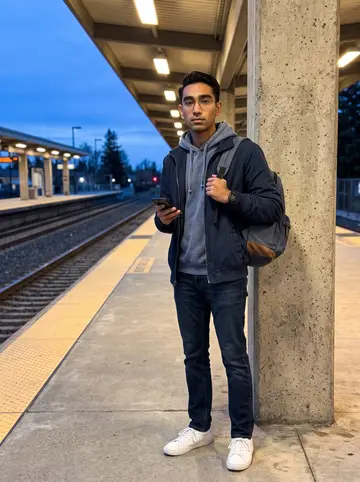 Joshua, AI character: quiet train platform in the Bay Area after a late on-call shift, concrete pillars and tracks behind him