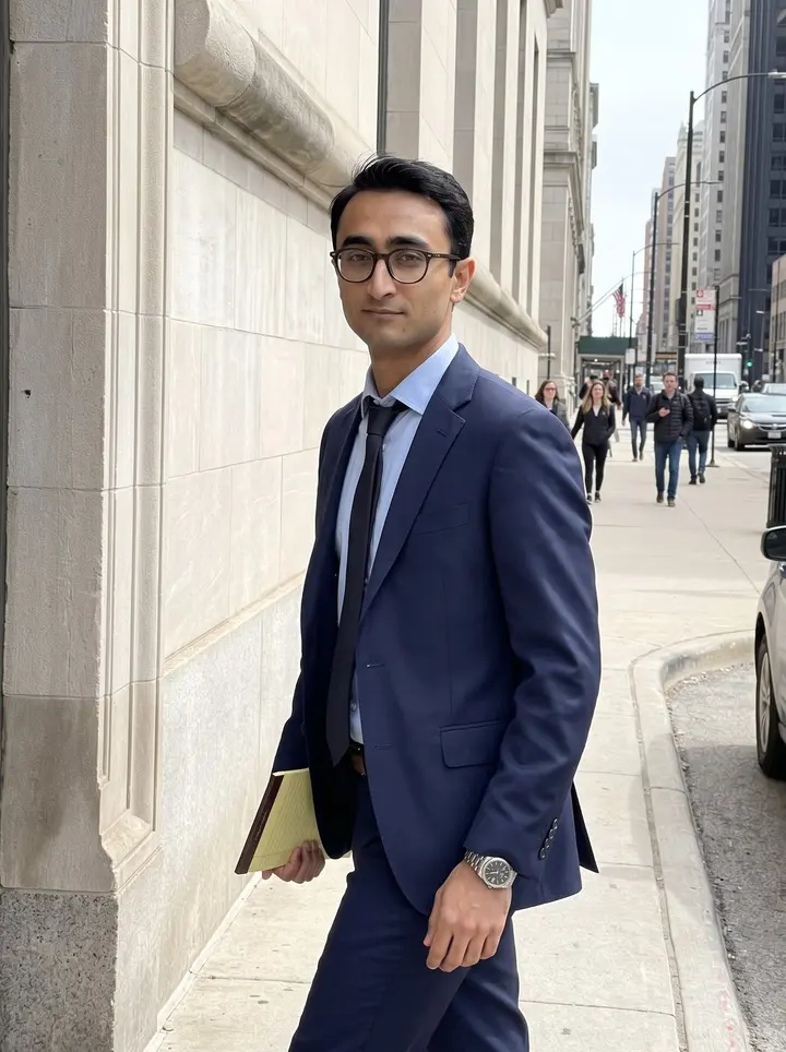 Aaron, AI character: outside the Dirksen Federal Courthouse in Chicago after an afternoon hearing, standing in the stone…