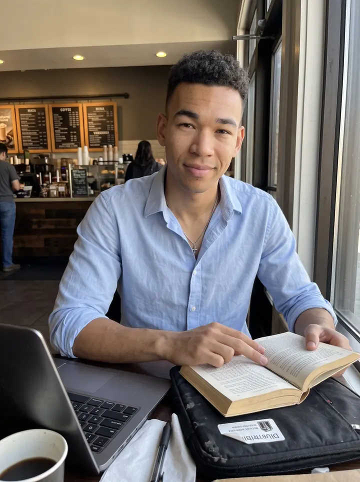 Malcolm, AI character: a corner table by the front window of a Vallejo coffee shop before the lunch rush, his battered black…