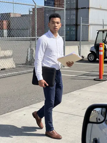 Malcolm, AI character: outside a Port of Oakland customs office near stacked shipping containers and a chain-link gate on a clear…