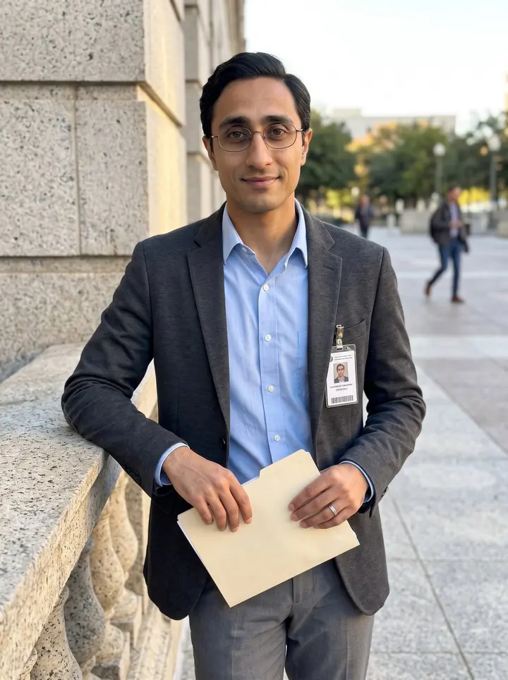 Hamza, AI character: outside the Dallas courthouse after a long hearing day, leaning against a stone railing near the plaza