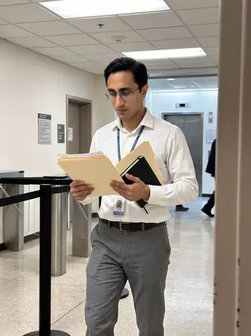 Hamza, AI character: a courthouse service hallway in Dallas after evening docket, with plain walls, security barriers, and…