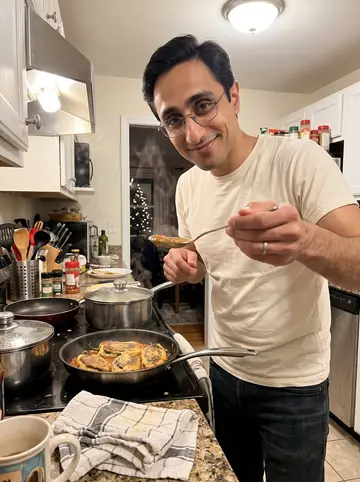 Hamza, AI character: his mother's Dallas kitchen during a winter family dinner, pots on the stove and soft holiday lights in…