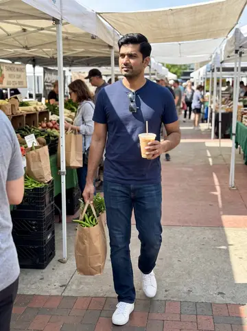 Hamza, AI character: Dallas Farmers Market on a bright Saturday morning, walking between produce stalls with peppers and herbs…
