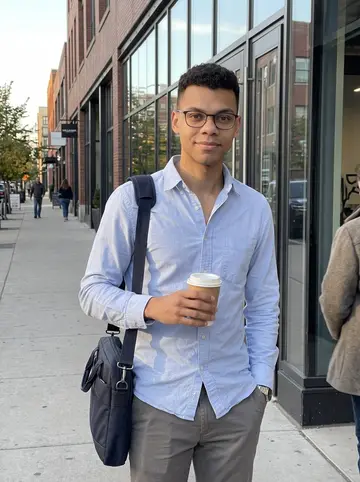 Owain, AI character: outside his Chicago co-working space in Fulton Market, late afternoon, holding a paper coffee cup and his…
