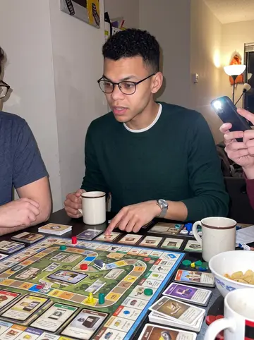 Owain, AI character: his tiny Chicago apartment during monthly board game night, crowded table with game pieces, mugs and snack…