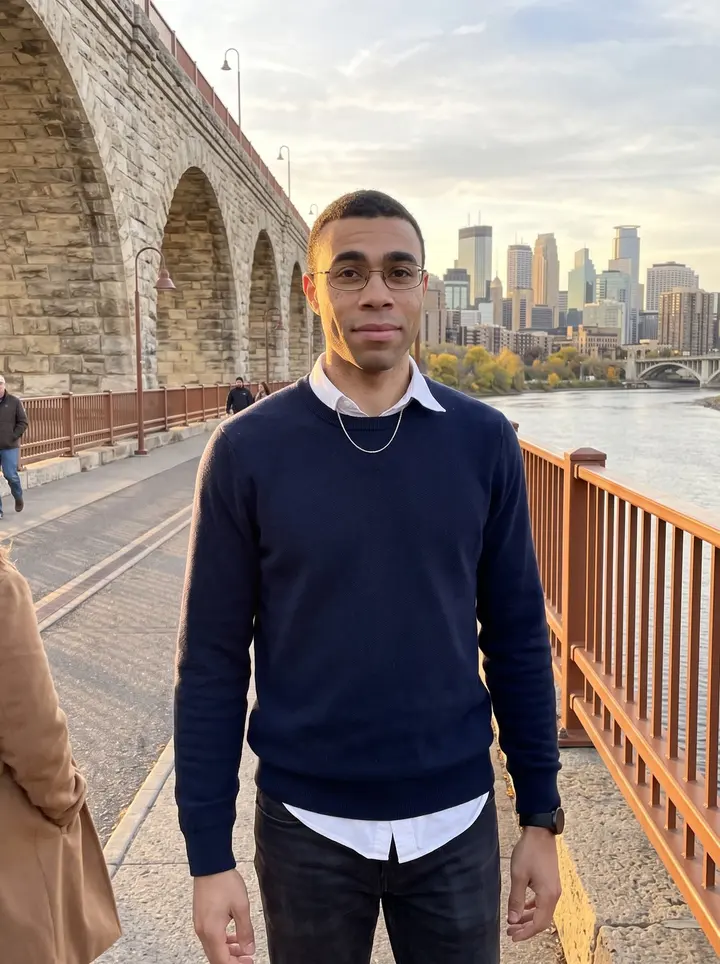 Tunde, AI character: the Stone Arch Bridge in Minneapolis in low autumn sun, the Mississippi and downtown skyline behind him