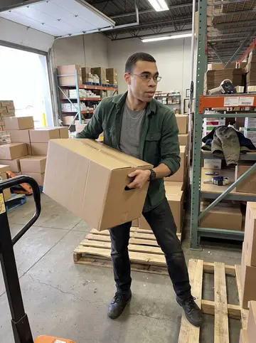 Tunde, AI character: a Minneapolis food bank warehouse on a Tuesday morning, metal shelves and stacked boxes of canned goods…