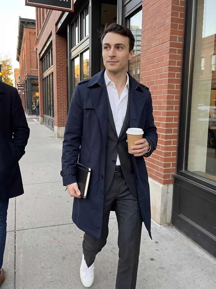 Kunal, AI character: LoDo in Denver near Union Station at golden hour, walking past brick storefronts after work with his black…