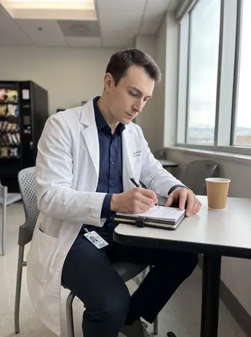 Kunal, AI character: a quiet hospital staff lounge in Denver between morning rounds, with a vending machine, plastic chairs,…