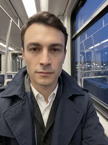 Kunal, AI character: inside a Denver light rail car at blue hour after a long shift, city lights and dark window reflections…