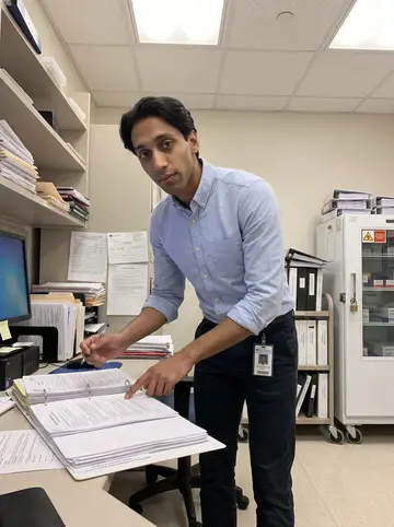 Raymond, AI character: university hospital clinical research office after hours, binder cart, locked sample fridge, and stacks of…