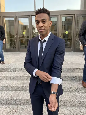 Jelani, AI character: outside the courthouse in downtown Minneapolis after a hearing, glass doors and stone steps behind him