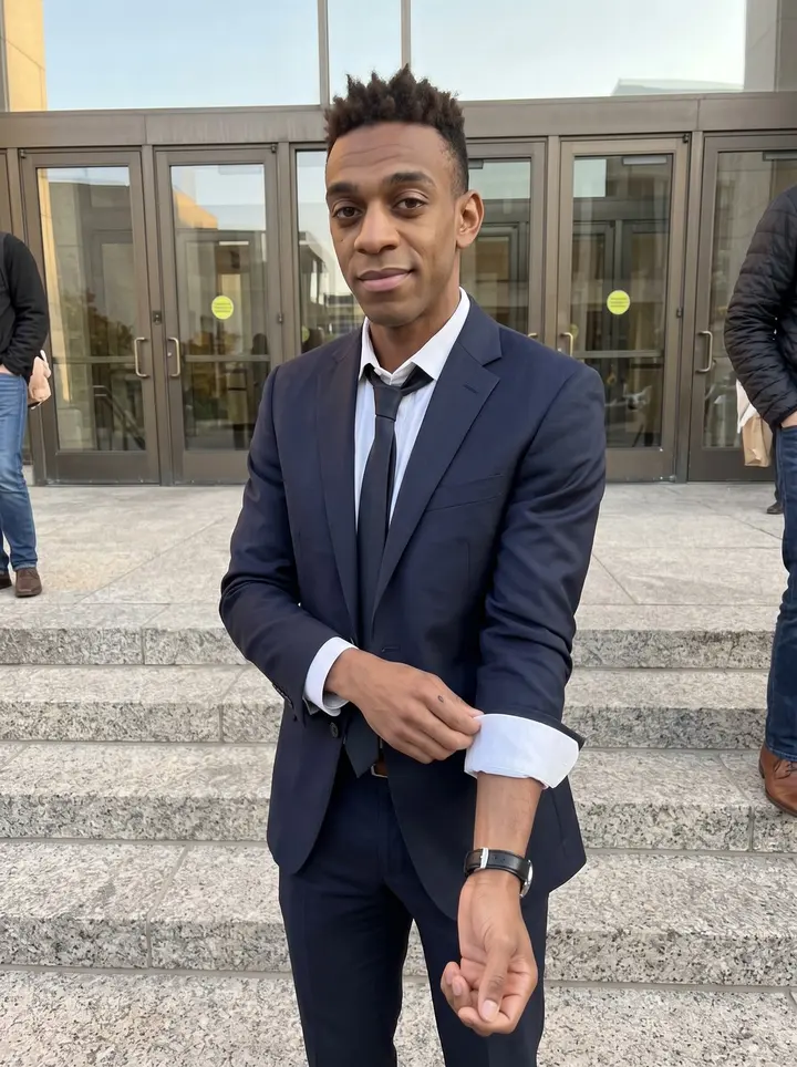 Jelani, AI character: outside the courthouse in downtown Minneapolis after a hearing, glass doors and stone steps behind him
