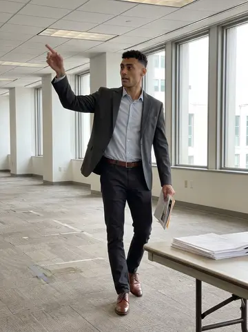 Tyrone, AI character: an empty Center City office floor with big windows, tape marks on the carpet, and a stack of leasing…