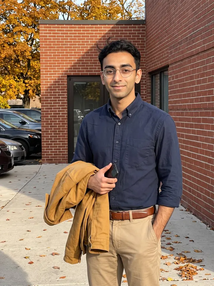 Zain, AI character: outside a Chicago banquet hall before a cousin's wedding rehearsal, brick wall and amber trees behind him