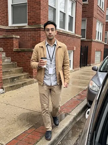 Zain, AI character: sidewalk outside a brick two-flat in Chicago after a flooded-basement appointment, wet steps and parked…