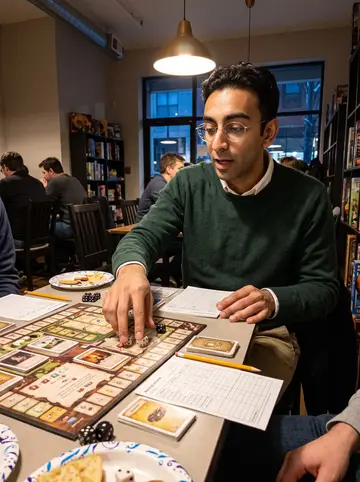 Zain, AI character: back table of a Chicago board-game cafe with coworkers, score sheets, dice, and snack plates around him