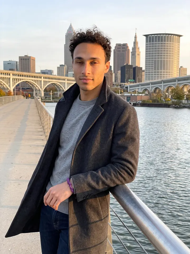 Ryan, AI character: a pedestrian bridge near the Cleveland lakefront at golden hour, downtown behind him and Lake Erie…