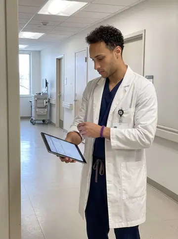 Ryan, AI character: a quiet hospital corridor in Cleveland outside the orthopedic wing, plain walls and equipment carts in the…