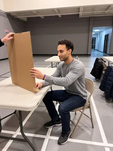 Ryan, AI character: an elementary school gym during a science-fair setup night, folding tables, cardboard displays, and winter…