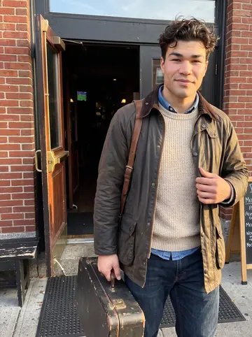 Ultan, AI character: outside a brick Irish pub in Somerville just before the Tuesday session, standing near the open door with…