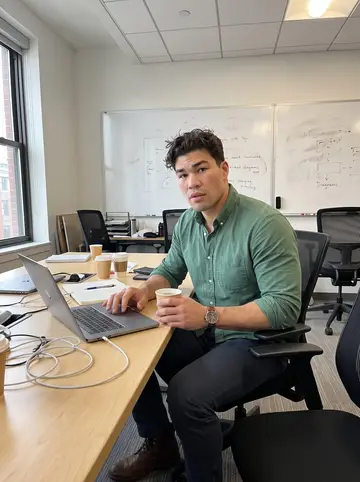 Ultan, AI character: a Boston tech office incident room, laptop open beside a whiteboard with blurred diagrams and coffee cups